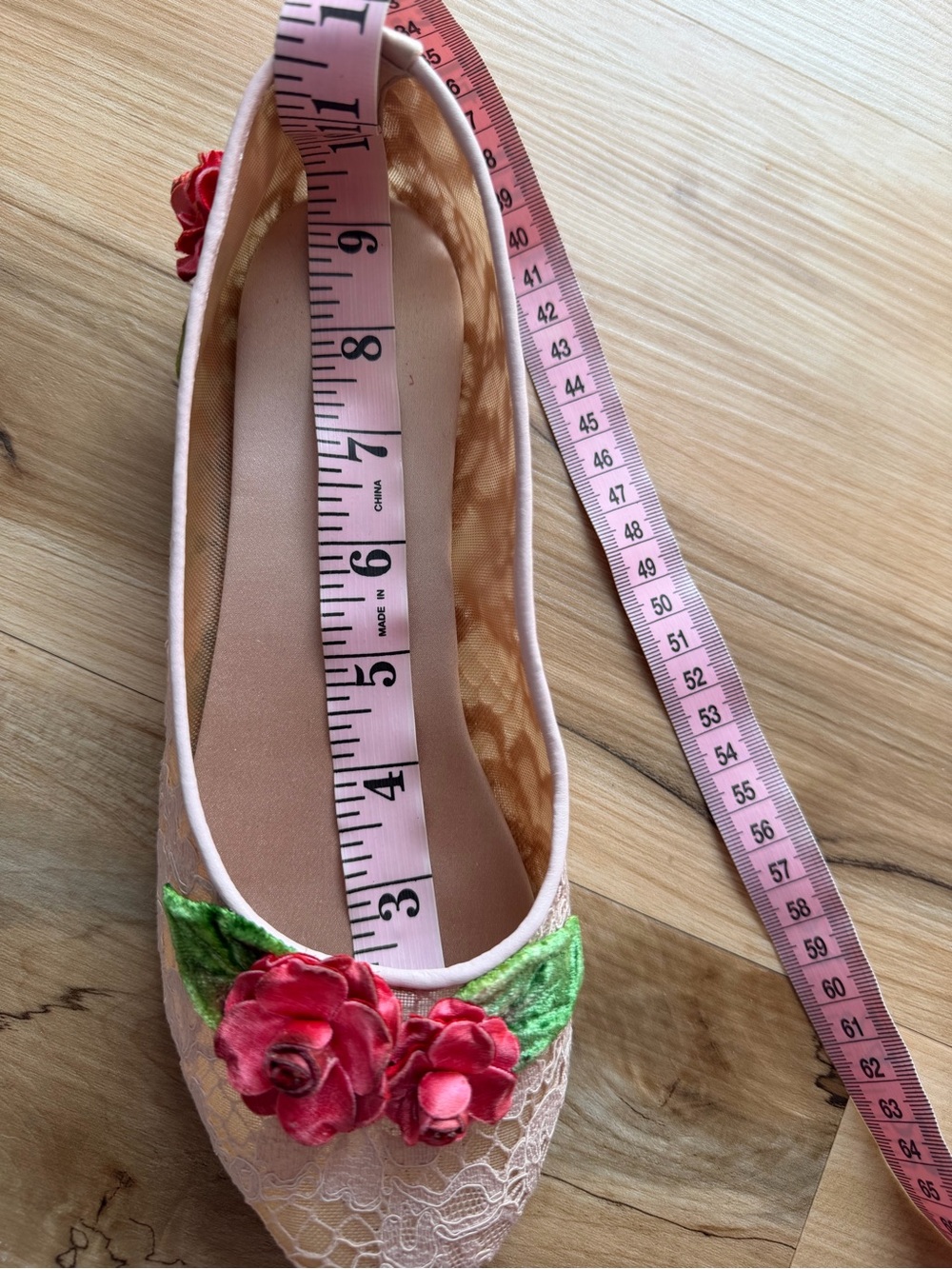 Dolce & Gabbana Beige Lace Ballet Flats with Pink Trim and Red Floral Appliqué - Picture 15 of 17